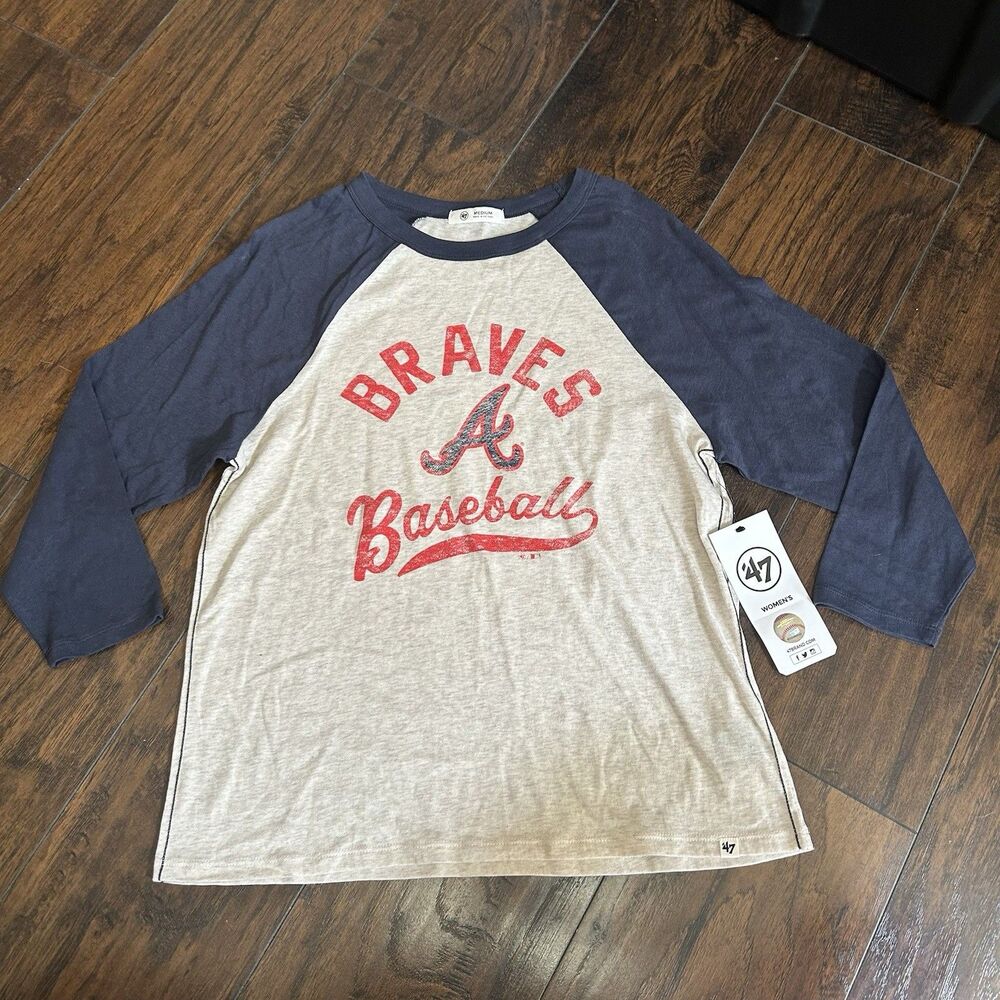 Atlanta Braves Women’s Medium Raglan Shirt 47 Brand MLB Baseball 3/4 Sleeve NWT